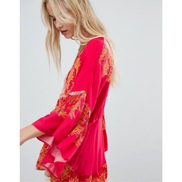Free People Sunset Dreams printed flare sleeve blouse sz Small red - Picture 4 of 16